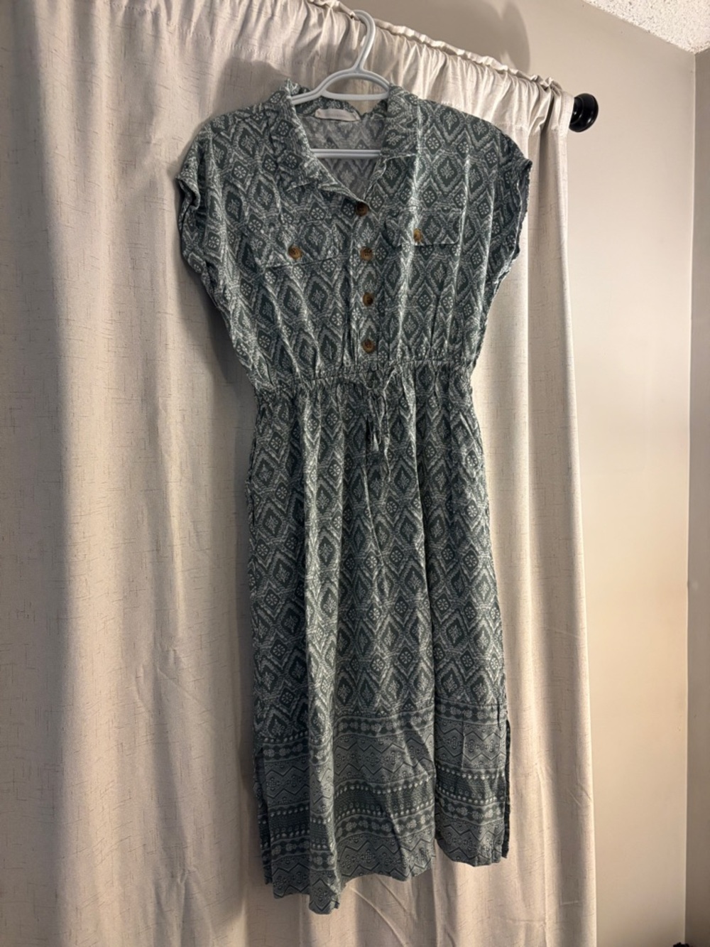 Lucky Brand Women's Green Patterned Button-Front Midi Dress